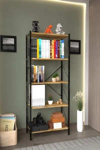 WoodFrame 5 Raf Kitaplık – Ceviz & Metal